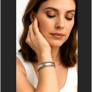 J. Jill Silver Tone Rope Braided Edge Hinged Bangle Bracelet Magnetic Classic